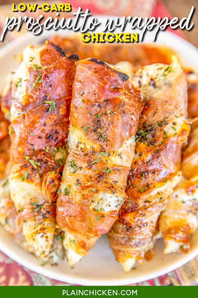 plate of prosciutto wrapped baked chicken tenders