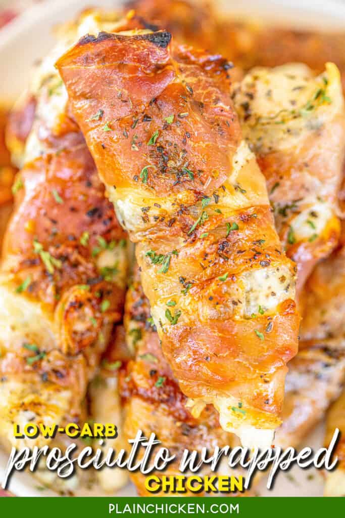 plate of prosciutto wrapped baked chicken tenders