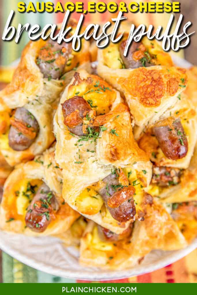 plate of sausage egg & cheese puff pastry breakfast sandwiches