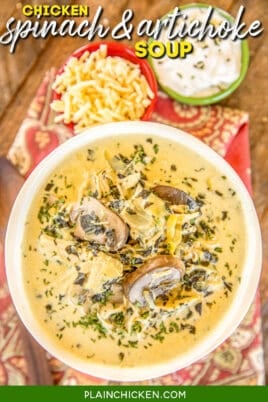 bowl of spinach and artichoke soup with mushrooms and chicken