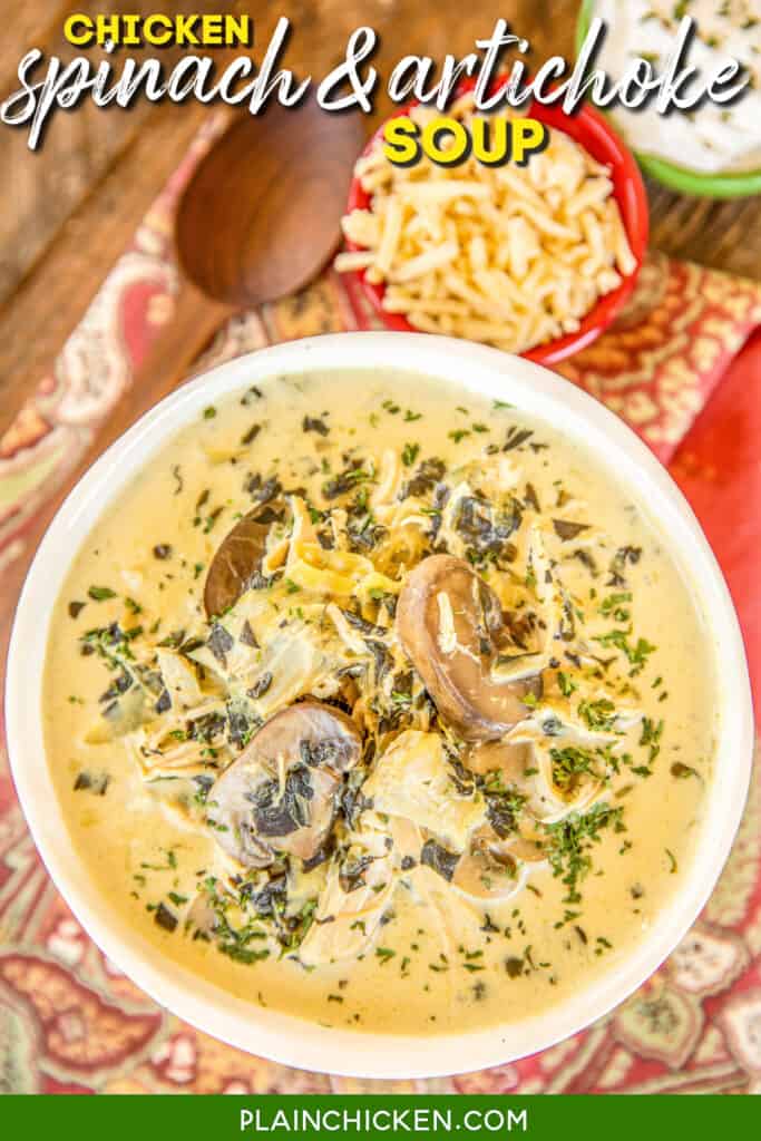 bowl of spinach and artichoke soup with mushrooms and chicken