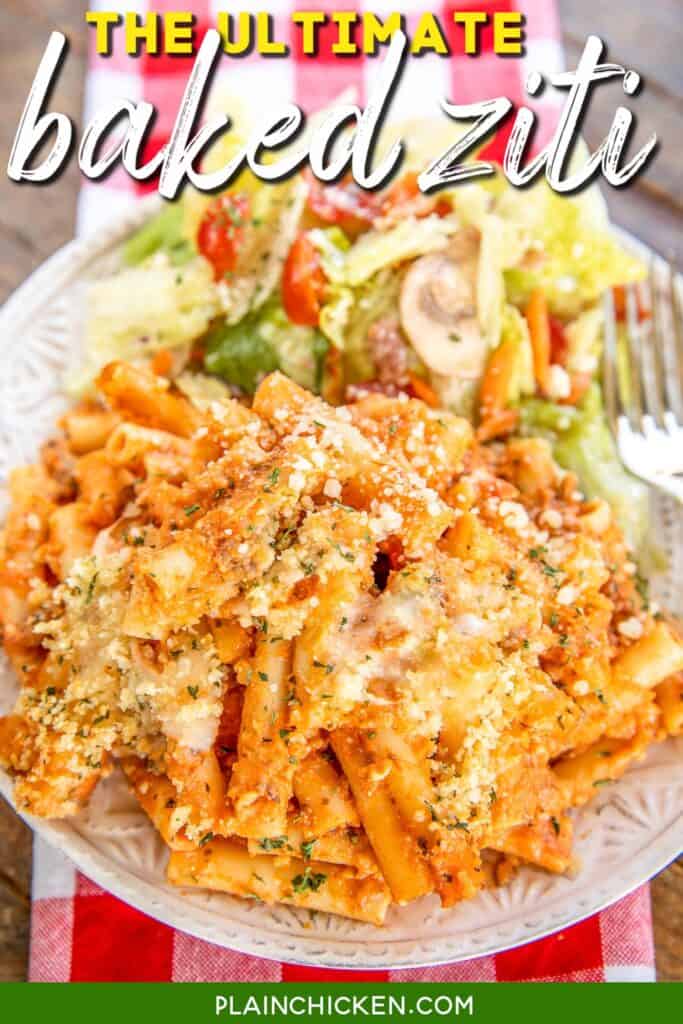 plate of baked ziti pasta with salad