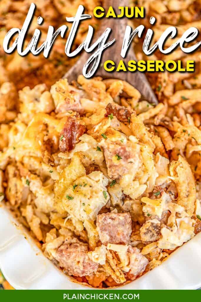spoonful of rice casserole with chicken and smoked sausage