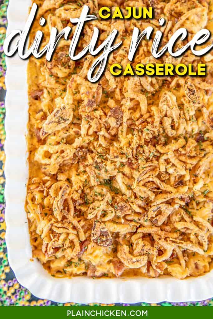 baking dish of rice casserole with chicken and smoked sausage