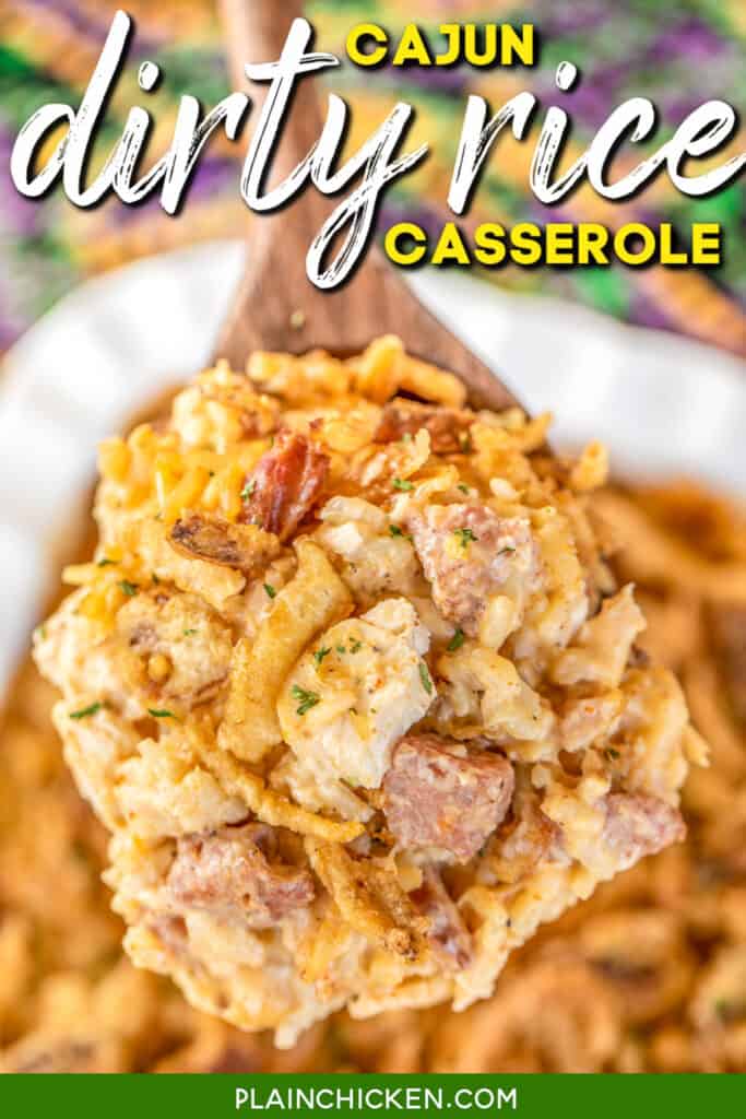 spoonful of rice casserole with chicken and smoked sausage