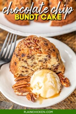 slice of chocolate chip bundt cake with ice cream and pecans