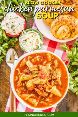 bowl of tomato, chicken and pasta soup