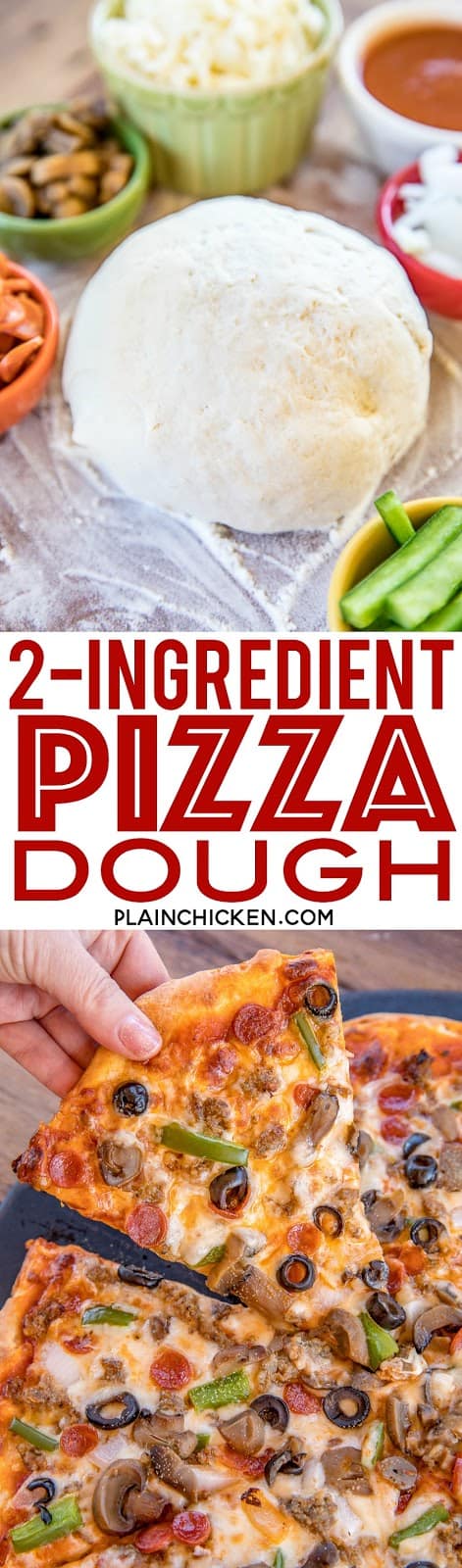 2-Ingredient Pizza Dough - ready to bake in 5 minutes!! Self-rising flour and greek yogurt. This is our go-to weeknight pizza dough! #pizza #pizzadough #greekyogurt