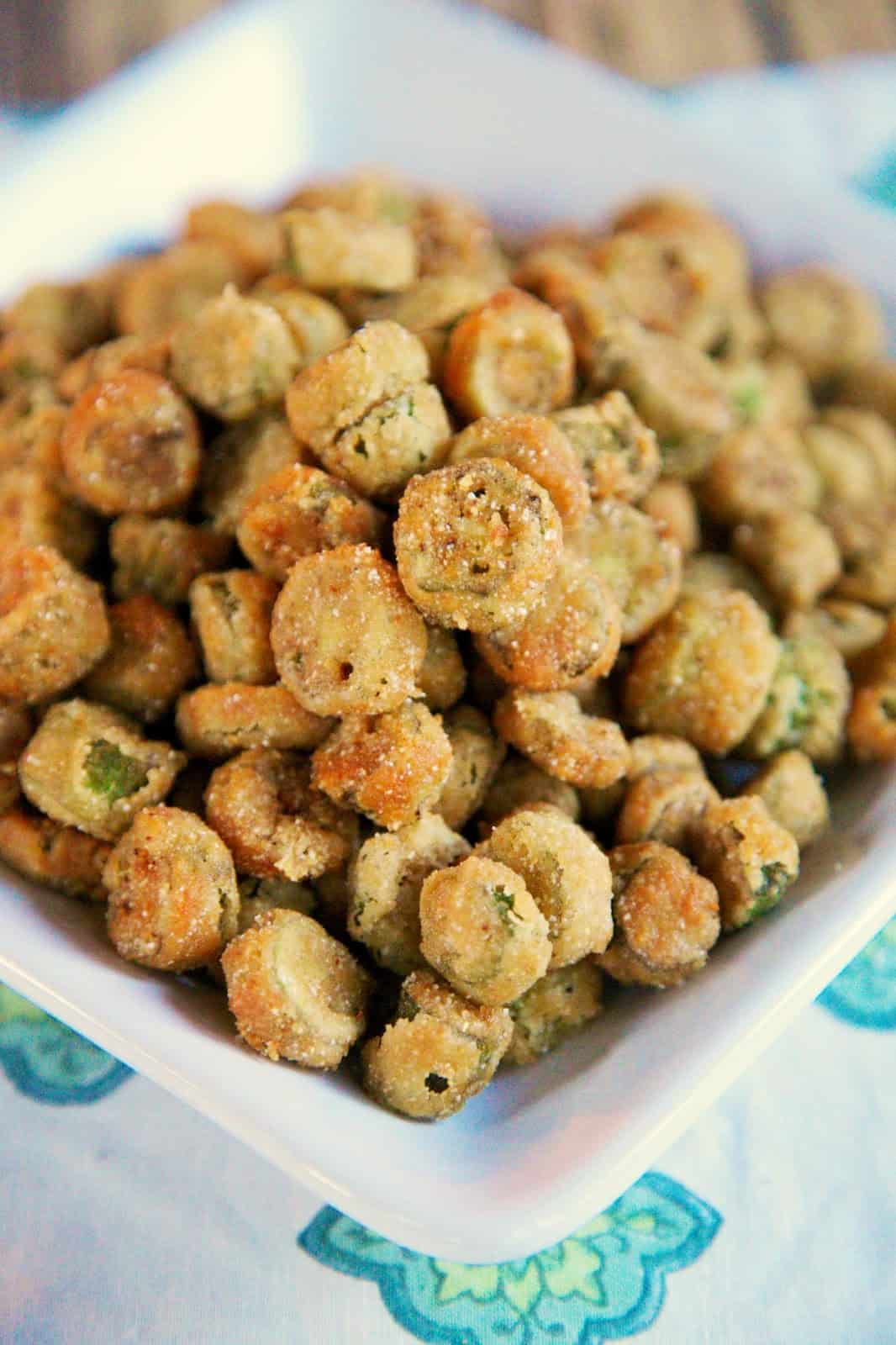 2-Ingredient Fried Okra - my favorite vegetable! SO good. I can eat the whole batch of this yummy, crunchy okra. My absolute fav!
