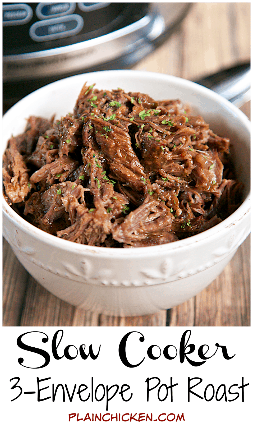 Slow Cooker 3-Envelope Pot Roast Recipe - pot roast slow cooked all day. So tender and delicious. Only takes seconds to prepare and dinner is ready when you get home from work! We served it with some yummy cheese grits. Rice or mashed potatoes would be good. Make sure to ladle the yummy sauce over it!