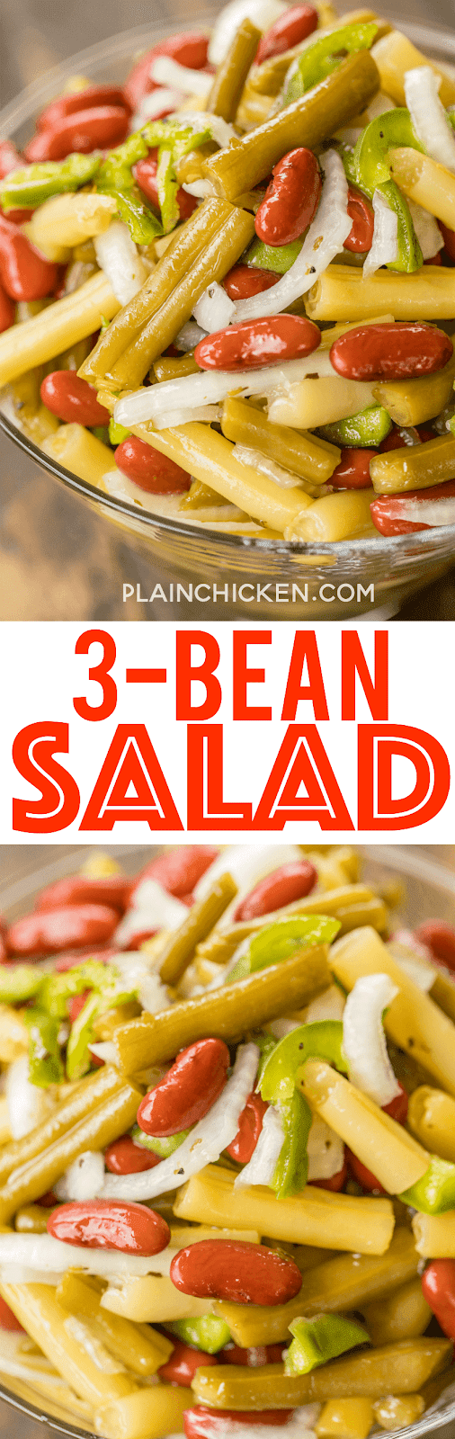Three Bean Salad - so quick and delicious!! Green Beans, Yellow Wax Beans, Kidney Beans, Vidalia Onion, Green Bell Pepper tossed in sugar, cider vinegar, oil, salt and pepper. Make in advance in refrigerate until ready to serve. Great for potlucks and cookouts! #salad #sidedish #beans #nobake
