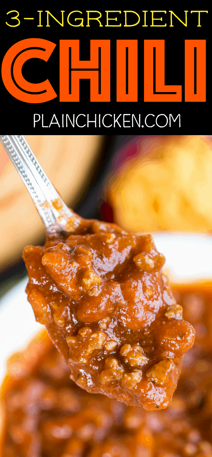 3-Ingredient Chili - ready in 15 minutes! SO easy and everyone loves it! Even picky kids gobble this up! Top chili with your favorite fixings or serve on top of french fries. Seriously delicious. A new family favorite!