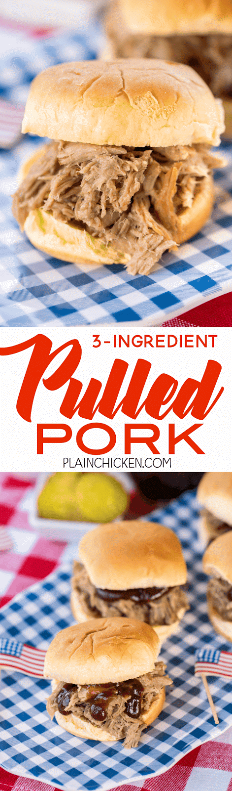 3-Ingredient Pulled Pork - slow cooked pork shoulder that is better than any restaurant! Great on hamburger buns, on top of a baked potato, nachos or a salad. All you need is some slaw and baked beans and you are all set. Easy peasy party! You can also freeze the leftovers for later.