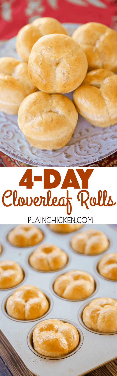 4-Day Cloverleaf Rolls - dough can be made up to 4 days in advance. GREAT timesaver for holiday meal planning!! Yeast, water, sugar, shortening, egg, salt flour and butter. SO delicious! Makes 2 dozen rolls, perfect for the big holiday meal and leftovers!!