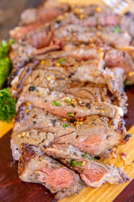 sliced steak on a platter