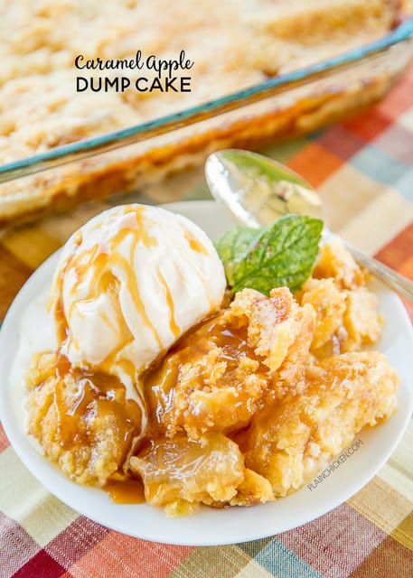 Caramel Apple Dump Cake - tastes like Fall Y'all!! With only 4 simple ingredients, you can't go wrong with this easy dessert recipe! Great for a crowd. Serve warm with some vanilla ice cream or fresh whipped cream. I never have any leftovers! A real crowd pleaser!!