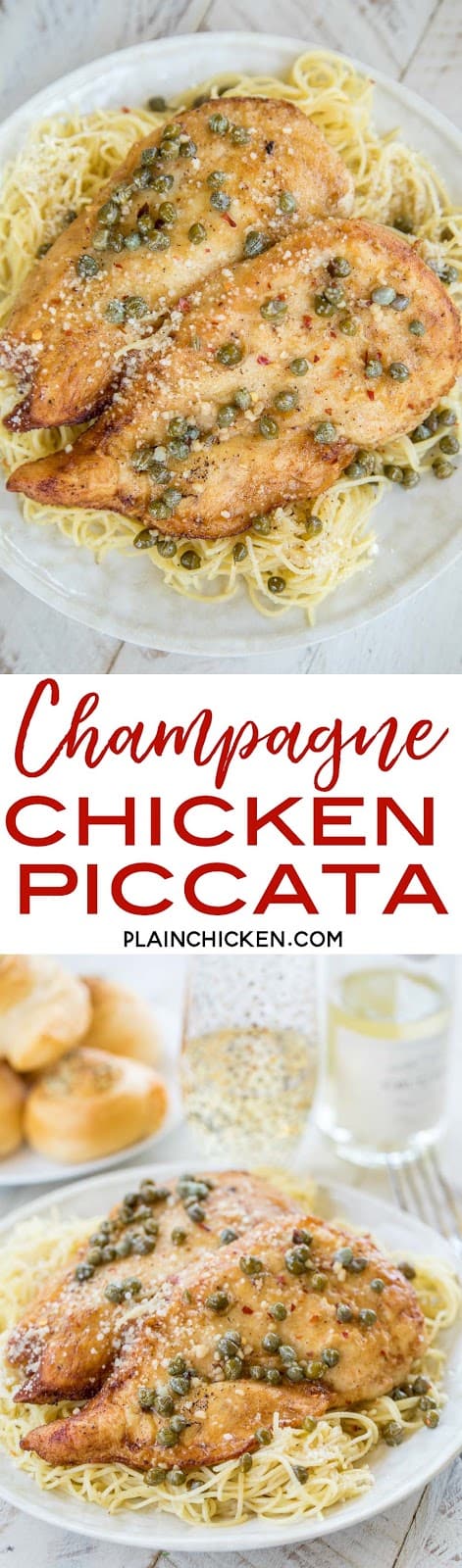 Champagne Chicken Piccata - no one will ever guess how easy this is! With a few simple ingredients you can make a restaurant quality meal! Chicken, garlic, butter, lemon, champagne and capers. Ready in about 10 minutes! This is the most requested chicken dish in our house! #chicken #easychickenrecipe #chickendinner