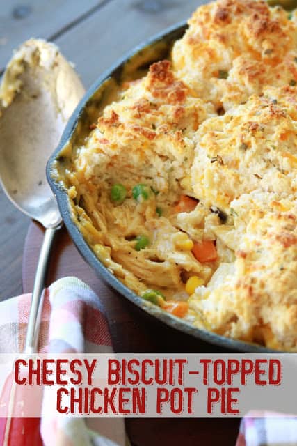 Cheesy Biscuit-Topped Chicken Pot Pie - take chicken pot pie to the next level with delicious cheesy biscuits on top! Kids gobbled this up! Great way to use up leftover turkey!