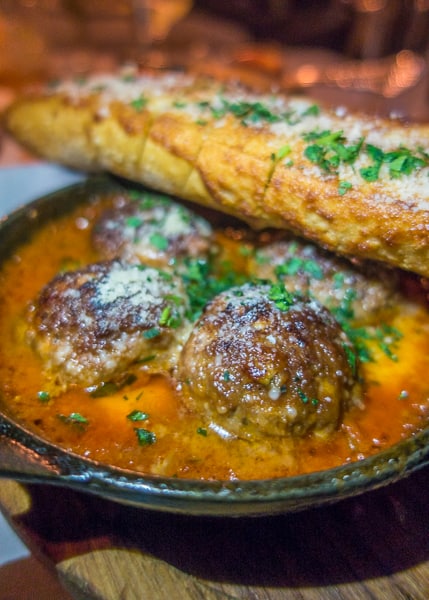 Prime Beef Meatballs with cheese curds and garlic bread at Maple & Ash in Chicago