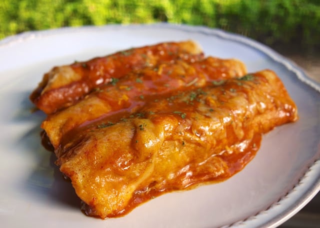 Beef and Bean Enchiladas - quick and easy weeknight meal!! Corn tortillas filled with beef and cheese and topped with enchilada sauce. Ground beef, onions, refried beans, taco seasoning, enchilada sauce, corn tortillas and cheddar cheese. Can make ahead of time and freeze for later! #mexican #enchiladas #freezermeal #easydinnerrecipe
