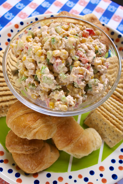Southwestern Chicken Salad - chicken salad with lime juice, corn, green pepper, celery, tomatoes and cilantro - GREAT flavor! People always ask for the recipe!