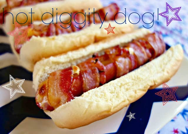 Cheesy Bacon Wrapped Hot Dogs - hot dogs stuffed with cheese and wrapped in bacon - bake for 10 minutes and you have the BEST hotdogs! Use precooked bacon to get good and crispy bacon. Can prep the hot dogs and bake the next day.