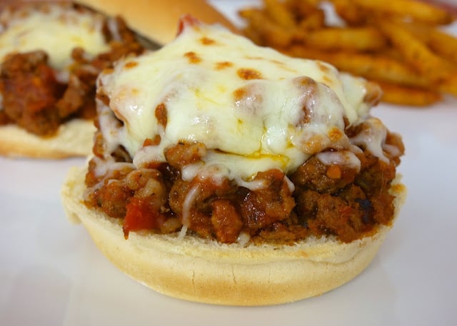 Italian Sloppy Joes recipe - combination of hamburger and sausage simmered in spaghetti sauce - top with mozzarella cheese. My favorite sloppy joe recipes! Ready in 15 minutes!