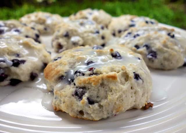 Quick Blueberry Biscuits - only 4 ingredients and ready in 15 minutes!!! Seriously delicious! Bisquick, sugar, blueberries and buttermilk. Top with a quick powdered sugar and milk glaze if desired. These area favorite any day of the week! #biscuits #blueberries #breakfast