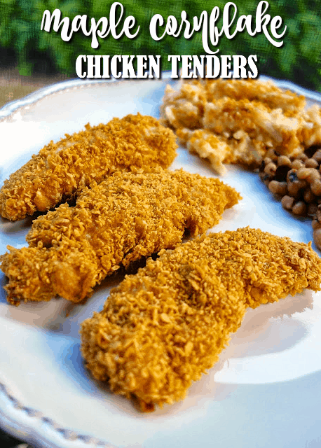 Maple Cornflake Chicken Fingers Recipe - chicken tenders crusted in corn flakes, cajun seasoning and maple syrup - quick dinner recipe - can coated chicken and freeze unbaked for a quick meal later.