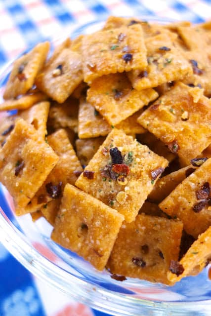 Fire Crackerz - spicy Cheez-Its - coated in red pepper flakes and Ranch dressing - SO addictive! Great for parties!