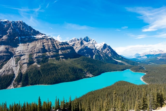 Peyto Lake - Alberta Canada - During the summer, significant amounts of glacial rock flour flow into the lake, and these suspended rock particles give the lake a bright, turquoise colour. 