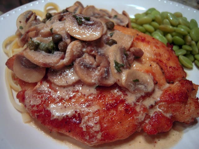 Chicken Scaloppine - better than any restaurant! Chicken, mushrooms, lemon, heavy cream, capers, olive oil, butter, pasta and parmesan cheese. Ready in about 10 minutes! I wanted to lick the plate! SO good! #chicken #pasta