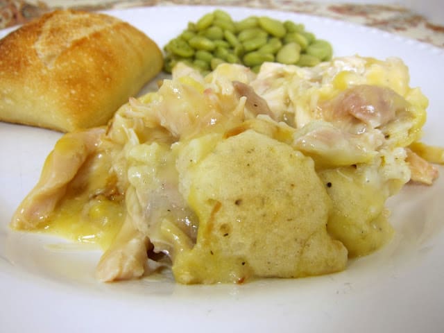 Chicken & Dumpling Casserole - use rotisserie chicken for a simple weeknight meal. Chicken, chicken broth, butter, flour, baking powder, salt, milk and cream of chicken soup. Can also use leftover holiday turkey. Guaranteed to have your kids asking for seconds!