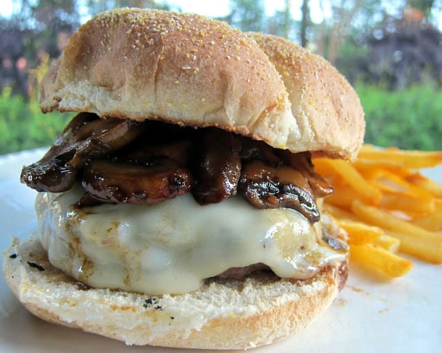 Mushroom Swiss Burgers Recipe -  hamburgers topped with swiss cheese and delicious sautéed mushrooms. One of the best burgers we've had!