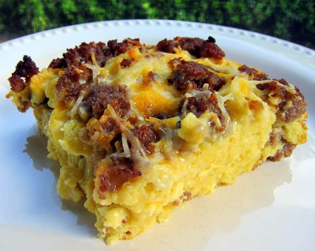 Maple Sausage and Waffle Casserole Recipe - waffles, sausage, cheese, eggs, milk and maple syrup. Can make the night before and refrigerate overnight - smelled amazing while it baked - tasted even better!!