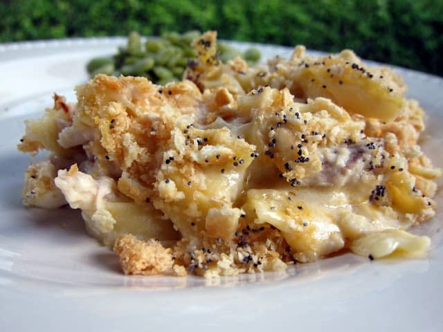 Cheesy Chicken Casserole Recipe - Chicken, noodles, chicken soup, sour cream, cheddar, mozzarella topped with butter crackers and poppy seeds - makes a ton. Great for a potluck. Easy to half or make a whole batch and freeze half for later! 