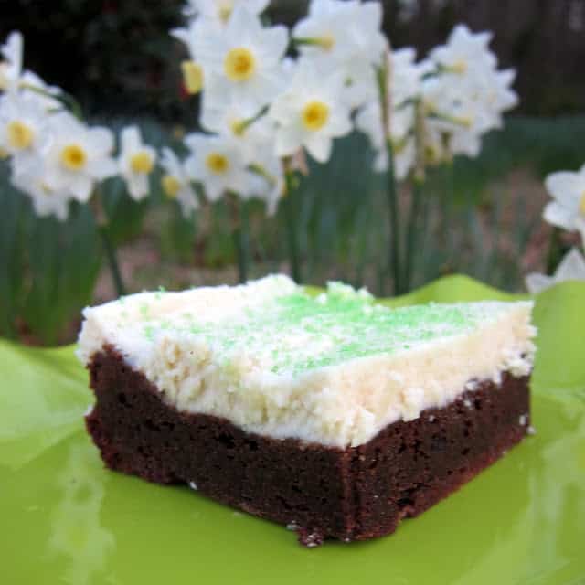 Frosted Irish Cream Brownies - boxed brownies made with Bailey's Irish Cream and topped with a homemade Bailey's Irish Cream frosting. SOOOOO delicious! Perfect for St. Patrick's Day!