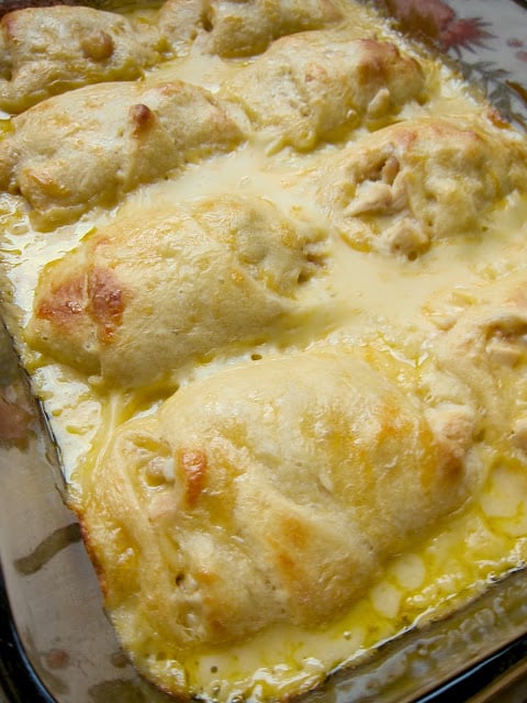 Chicken Roll Ups - chicken, cheese, milk, chicken soup and crescent rolls - Only 5 ingredients for a delicious weeknight meal that is ready in 30 minutes! I could eat the whole pan myself!!