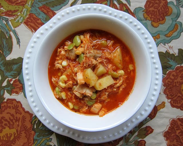 Brunswick Stew - chicken, potatoes, lima beans, corn, seasonings, tomato sauce, chicken broth - AMAZING! Dump in the pot and simmer for 30-45 minutes. SO good! We love to serve this with some cornbread. Freeze leftovers for later!