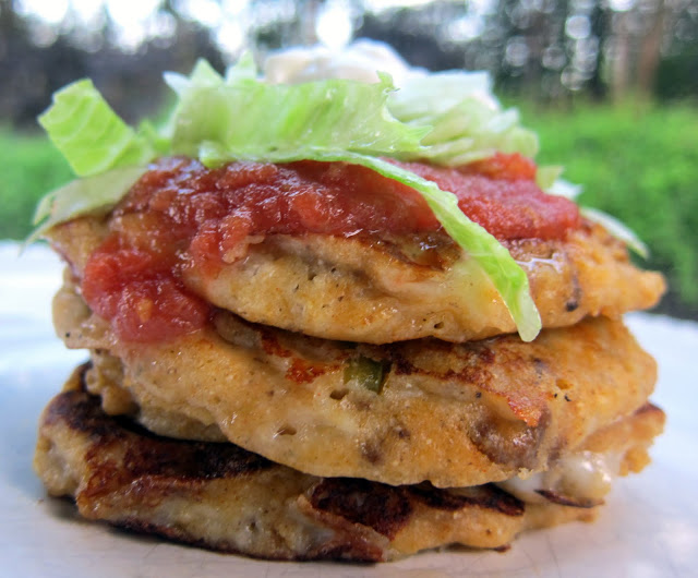 Taco Pancakes Recipe - cornmeal pancakes stuffed with taco meat, jalapeños and cheese - top with salsa, lettuce and sour cream - fun twist to taco night! Fun Mexican food!
