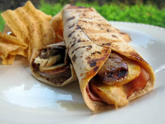 Chicken Cordon Bleu Wrap - chicken, ham, cheese, mushrooms and honey mustard wrapped in a tortilla and grilled - delicious and quick sandwich!