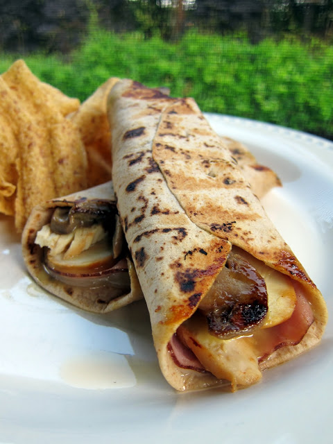 Chicken Cordon Bleu Wrap - chicken, ham, cheese, mushrooms and honey mustard wrapped in a tortilla and grilled - delicious and quick sandwich!