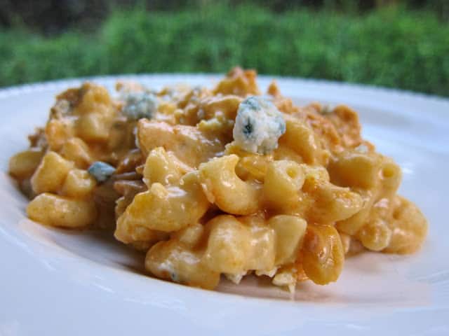 Buffalo Chicken Mac and Cheese - pasta and chicken tossed in a creamy homemade buffalo cream sauce and baked to perfection. Crazy good!! You can leave out the bleu cheese if you don't like it.