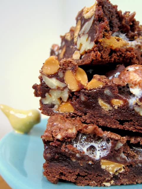 Rocky Road Brownies Recipe - homemade brownies loaded with butterscotch chips, pecans and marshmallows. Super easy dessert! Can switch up the chips and nuts. Just as easy to make as a boxed mix, but SO much better!