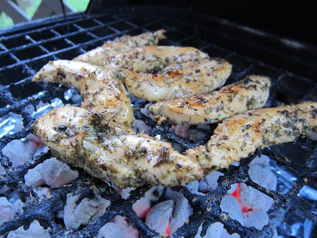 Grilled Oregano and Lemon Chicken Tenders - chicken tenders marinated in oregano, olive oil and lemon. Marinate chicken for 30 minutes and grill. Serve over orzo and marinara! SO simple and SOOO delicious! You must give this a try!