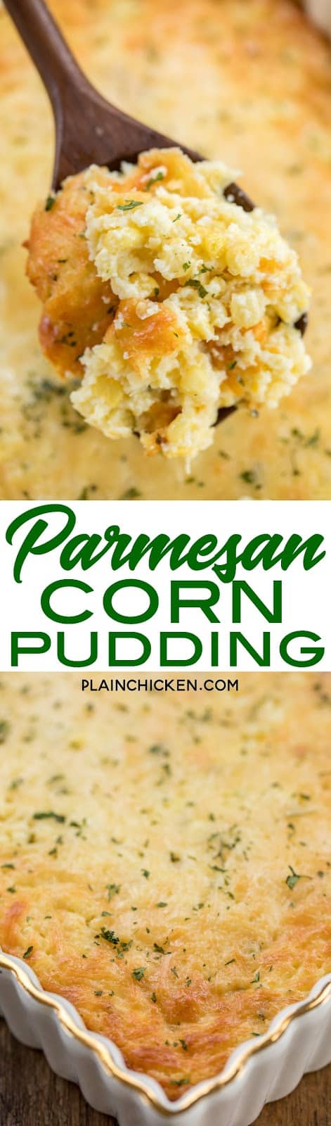 Parmesan Corn Pudding - an easy and delicious side dish! We make this at least once a month!! SO good!! Frozen corn, sugar, flour, cornmeal, butter, milk, eggs and Parmesan cheese. Can make ahead and refrigerate or freeze for later. Everyone LOVES this yummy casserole! #casserole #sidedish #freezermeal #cornpudding