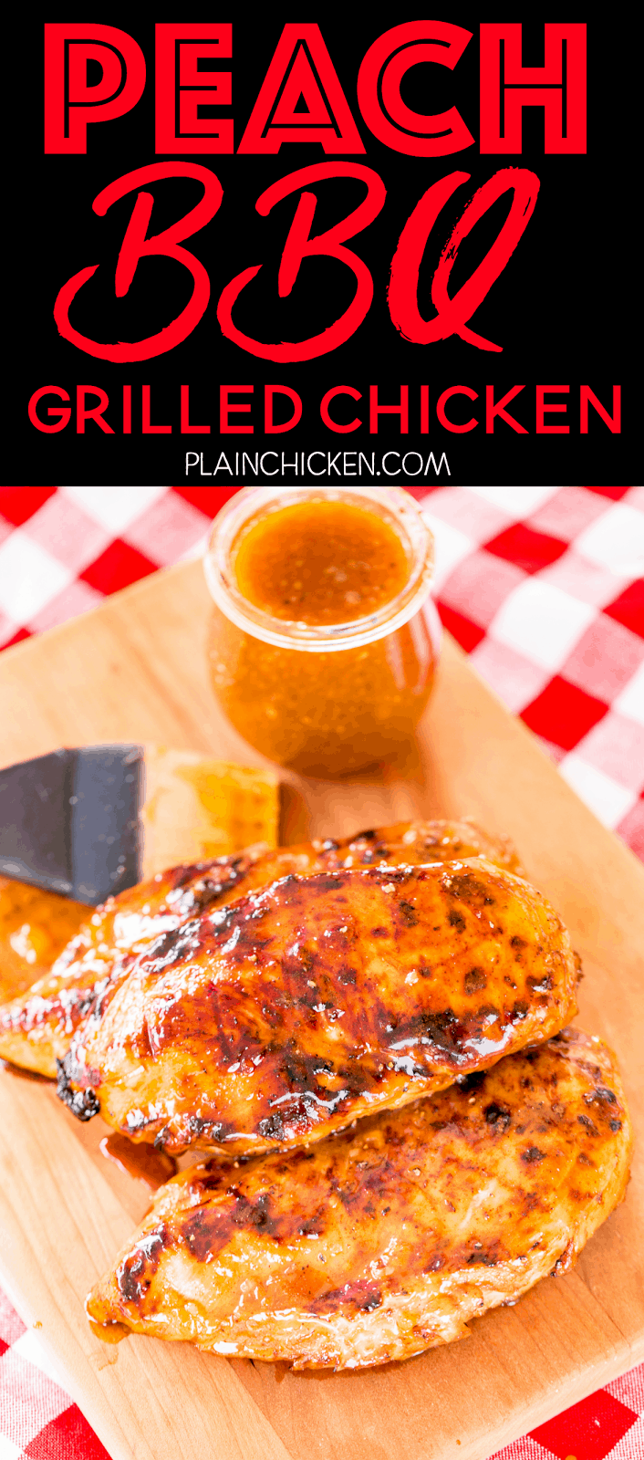 Peach BBQ Grilled Chicken - AMAZING!!! SO easy and SOOOO delicious!!! Season chicken with some store-bought BBQ seasoning and grill. Brush with an easy homemade peach BBQ sauce to finish. This is incredible!! Peach preserves, soy sauce, dry mustard, garlic, cayenne pepper, salt, and pepper. Can make the sauce ahead of time and refrigerate until ready to serve. We make this at least once a month. Everyone LOVES this easy chicken recipe.