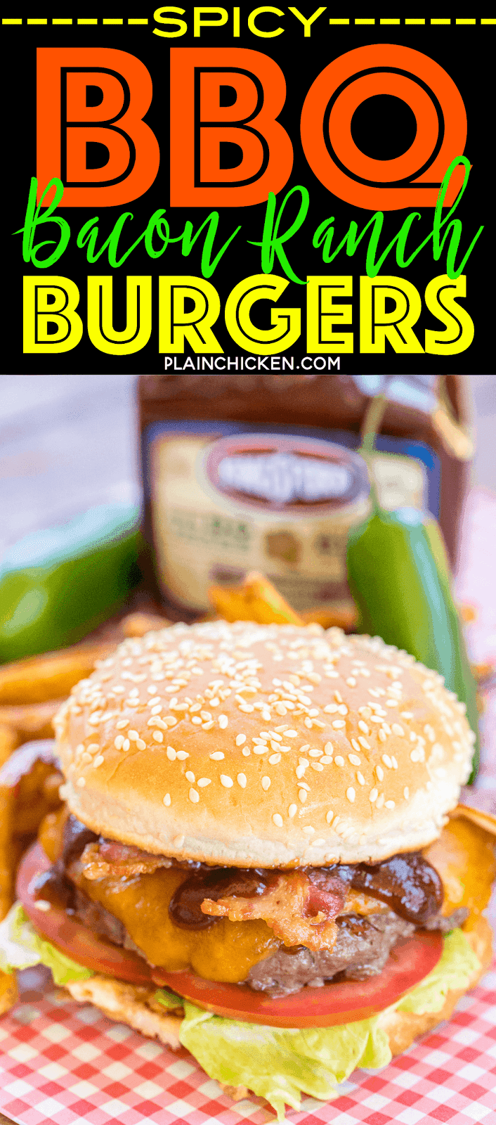 Spicy BBQ Ranch Burgers - seriously delicious! SO easy and they taste AMAZING!!! We grilled these for a party and everyone RAVED about them!! Ground Beef, Ranch mix, cheddar cheese, lettuce, tomato, bacon and Kingsford® Honey Jalapeño Mesquite BBQ Sauce. Sweet and a little spicy! A new favorite!