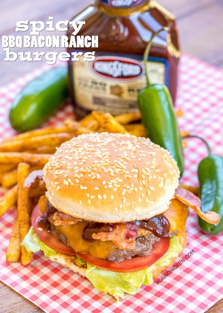 Spicy BBQ Ranch Burgers - seriously delicious! SO easy and they taste AMAZING!!! We grilled these for a party and everyone RAVED about them!! Ground Beef, Ranch mix, cheddar cheese, lettuce, tomato, bacon and Kingsford® Honey Jalapeño Mesquite BBQ Sauce. Sweet and a little spicy! A new favorite!