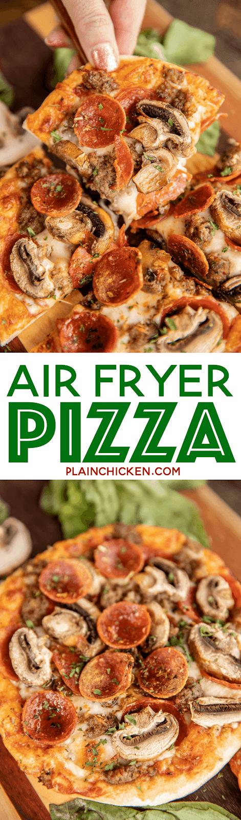 Air Fryer Pizza - hands down the BEST pizza EVER!! Individual pizzas ready to eat in 8 minutes. SO much better than delivery! Pizza dough, pizza sauce, mozzarella cheese and toppings. Use fresh store bought pizza dough or our Weight Watcher 2-Ingredient dough for a protein packed pizza. Great way to let the whole family get their favorite pizza! #airfryer #pizza